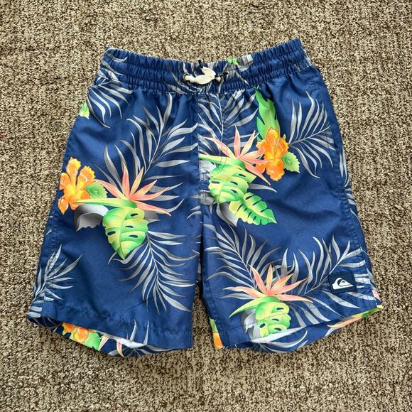 Quiksilver EUC Navy Tropical Print Swim Trunks size 10 boys - Picture 1 of 7
